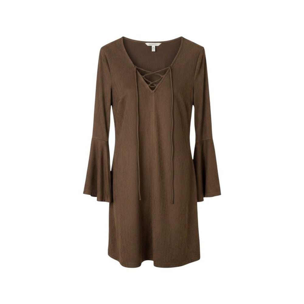 M.T.S. Women Brown Faux Suede Lace Up V-Neck Bell Sleeve Mini Shift Dress Large